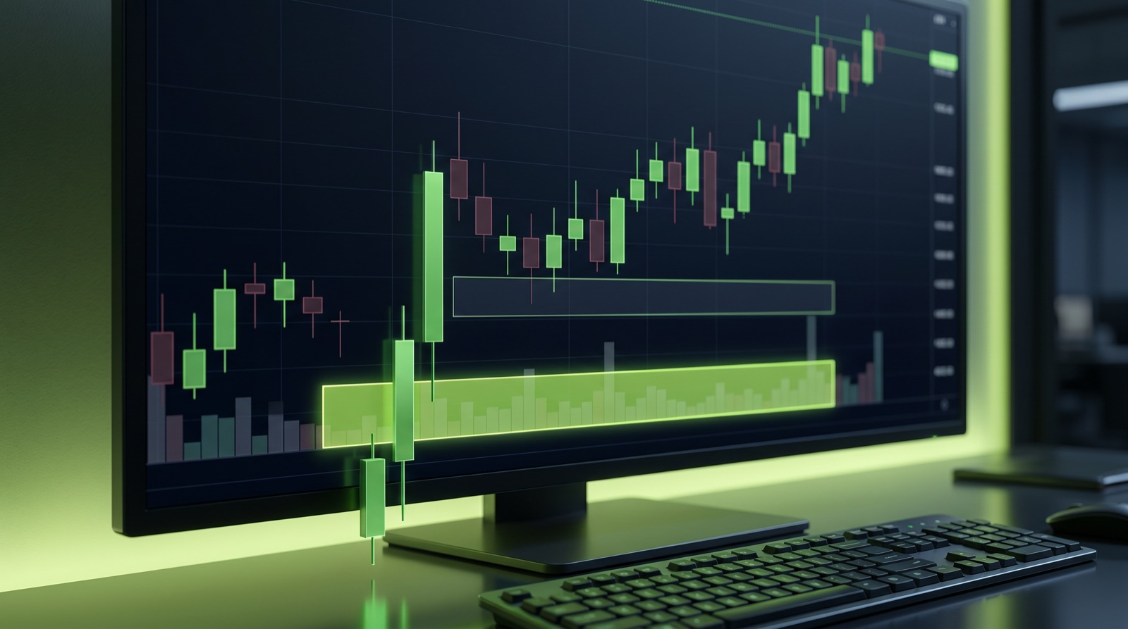 A realistic trading screen showing price bouncing off a glowing order block demand zone with a fair value gap, on an ascending candlestick chart