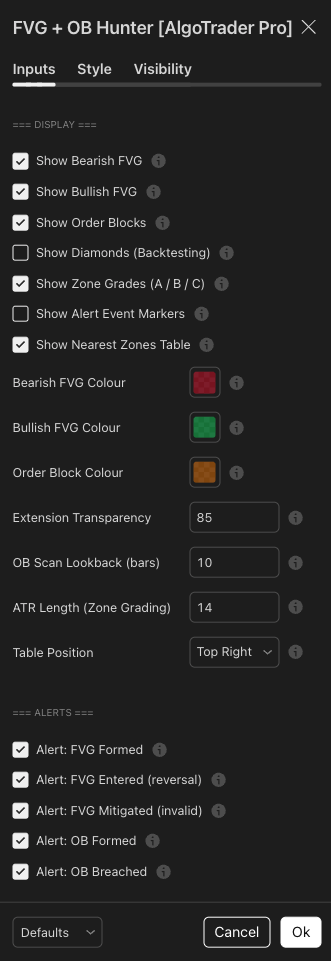 Every input has a tooltip explaining exactly what it controls. Toggle FVGs and OBs independently, set ATR length for zone grading, configure 5 independent alert types.